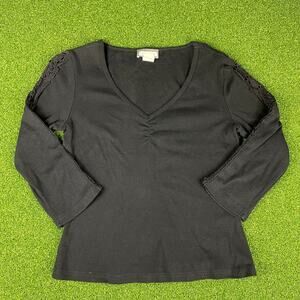 Vintage Y2K Aqua Blues Black 1/2 Sleeve Crotchet Detail Baby T Sz M